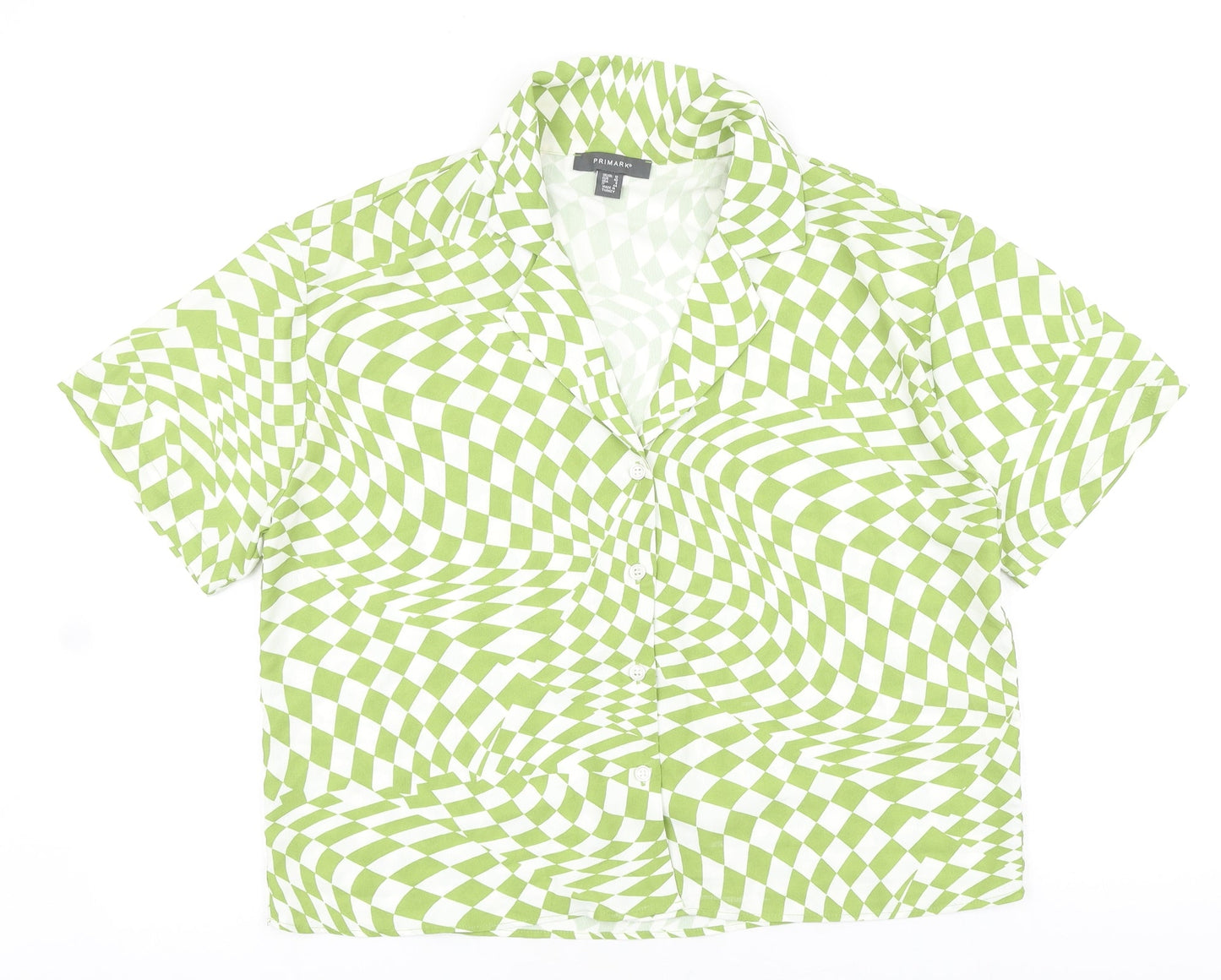 Primark Womens Green Geometric Polyester Basic Button-Up Size 12 Collared - Box Fit Shirt