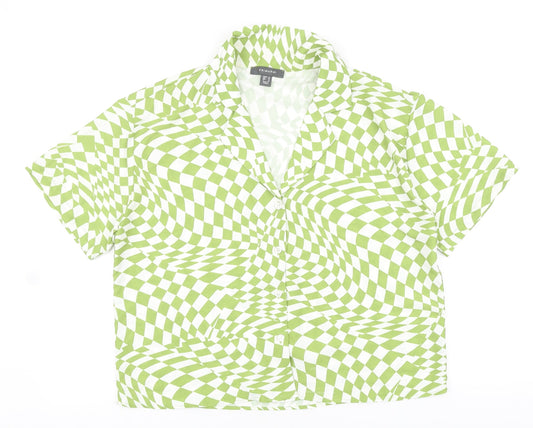 Primark Womens Green Geometric Polyester Basic Button-Up Size 12 Collared - Box Fit Shirt