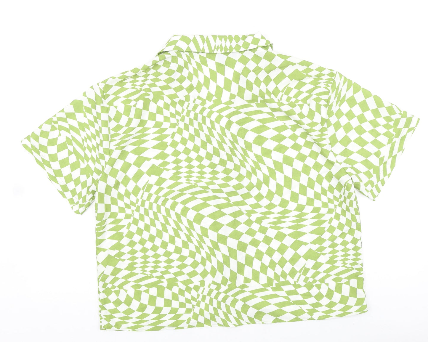 Primark Womens Green Geometric Polyester Basic Button-Up Size 12 Collared - Box Fit Shirt