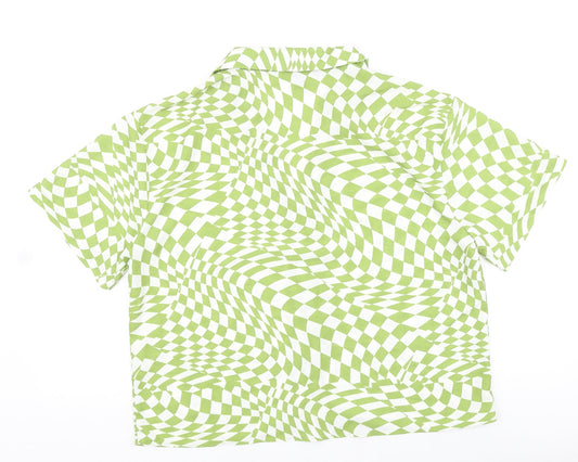 Primark Womens Green Geometric Polyester Basic Button-Up Size 12 Collared - Box Fit Shirt