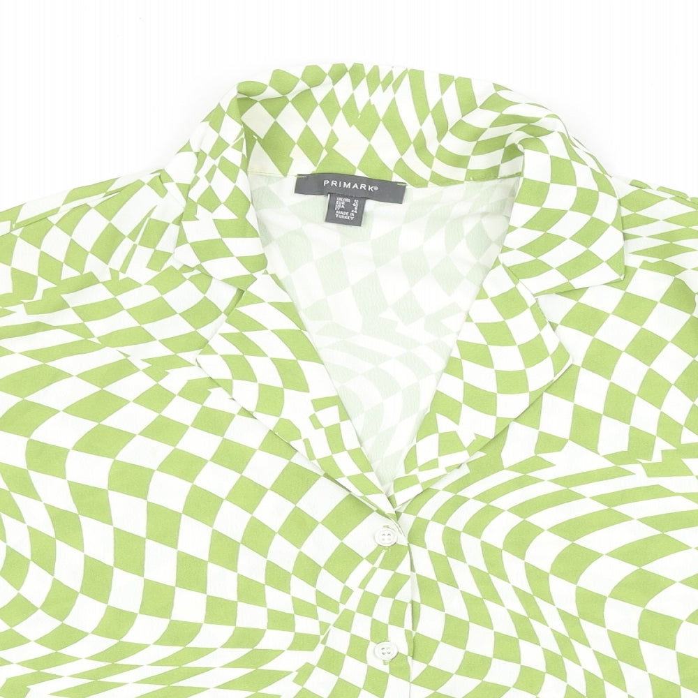 Primark Womens Green Geometric Polyester Basic Button-Up Size 12 Collared - Box Fit Shirt