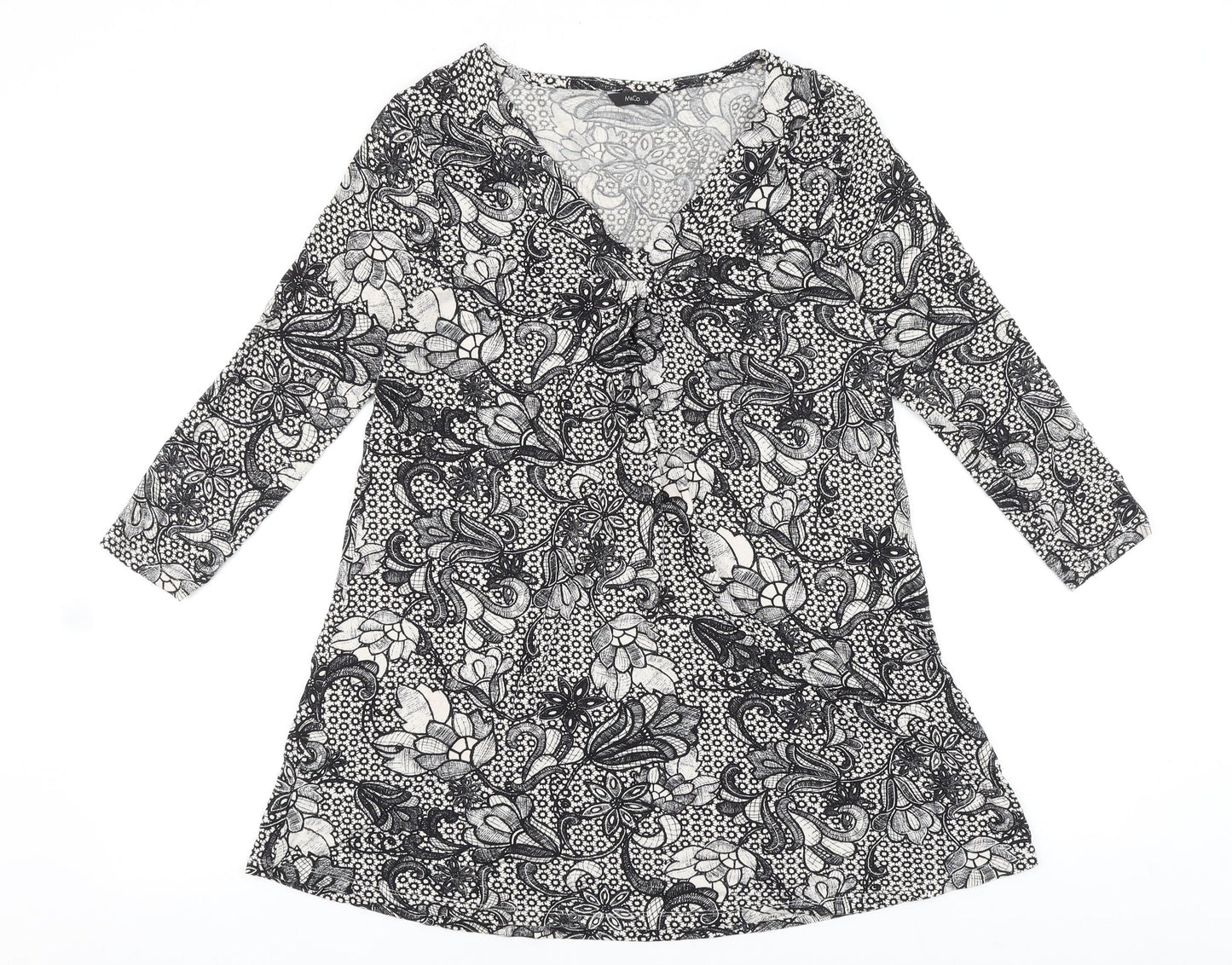 M&Co Womens Black Geometric Viscose Tunic Blouse Size 12 V-Neck