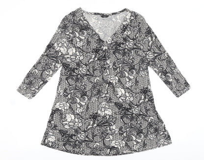 M&Co Womens Black Geometric Viscose Tunic Blouse Size 12 V-Neck