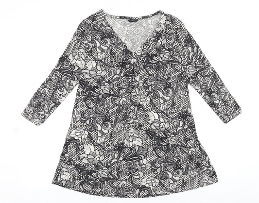 M&Co Womens Black Geometric Viscose Tunic Blouse Size 12 V-Neck