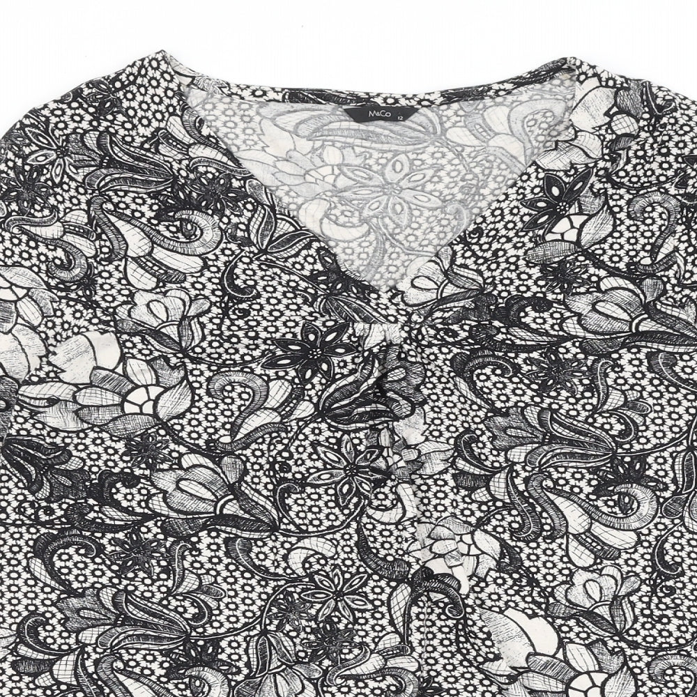 M&Co Womens Black Geometric Viscose Tunic Blouse Size 12 V-Neck