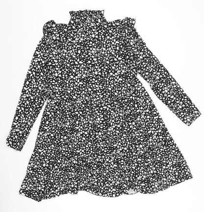 Preworn Womens Black Geometric Polyester A-Line Size 10 Mock Neck Button