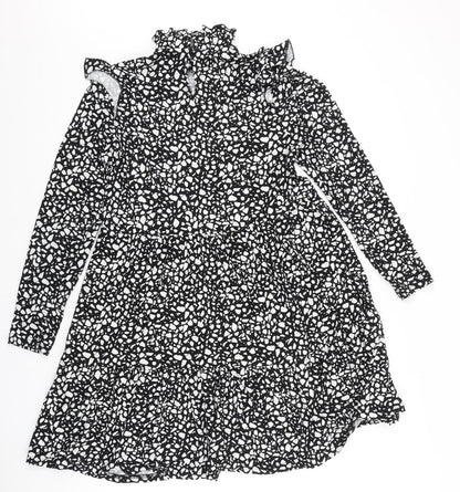 Preworn Womens Black Geometric Polyester A-Line Size 10 Mock Neck Button