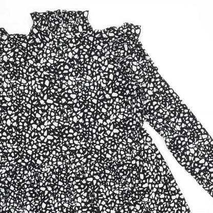 Preworn Womens Black Geometric Polyester A-Line Size 10 Mock Neck Button