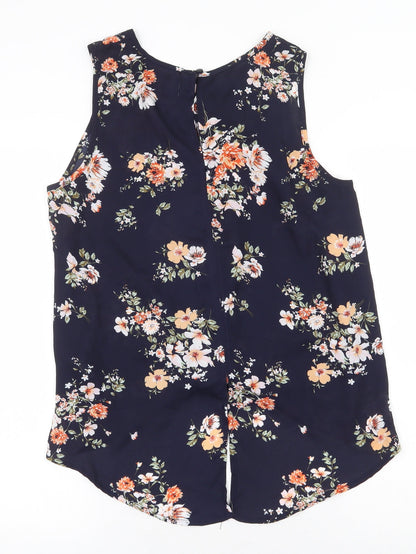 Dotti Womens Blue Floral Polyester Basic Tank Size 10 Round Neck