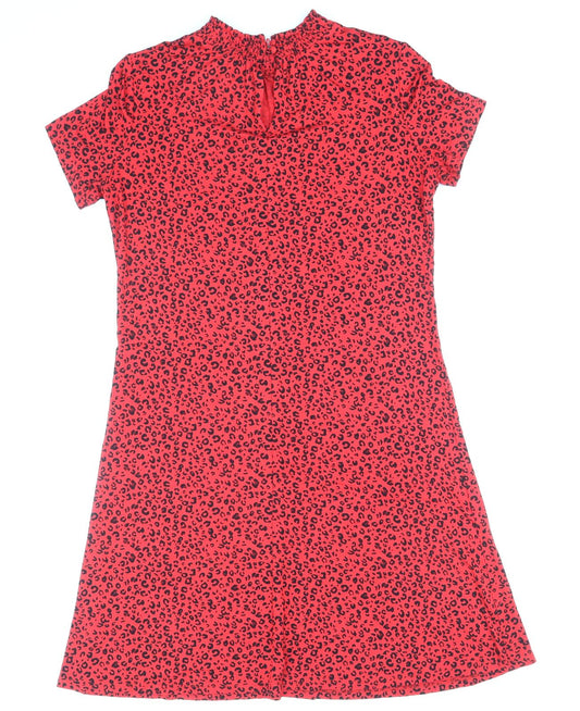 Marks and Spencer Womens Red Animal Print Viscose Shift Size 10 Round Neck Button - Leopard Print