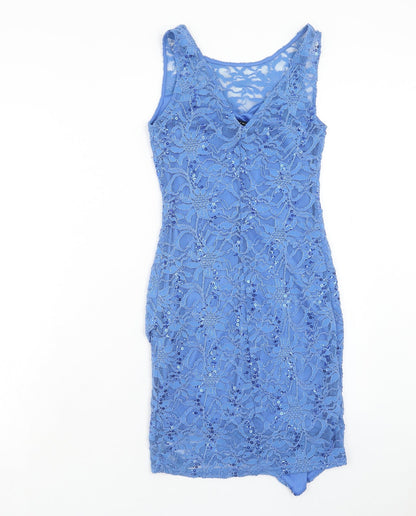 New Look Womens Blue Geometric Nylon A-Line Size 10 Round Neck Pullover