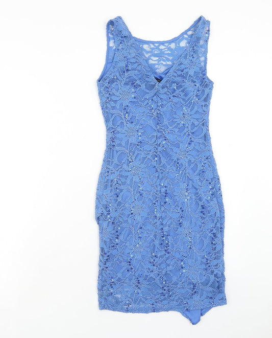 New Look Womens Blue Geometric Nylon A-Line Size 10 Round Neck Pullover