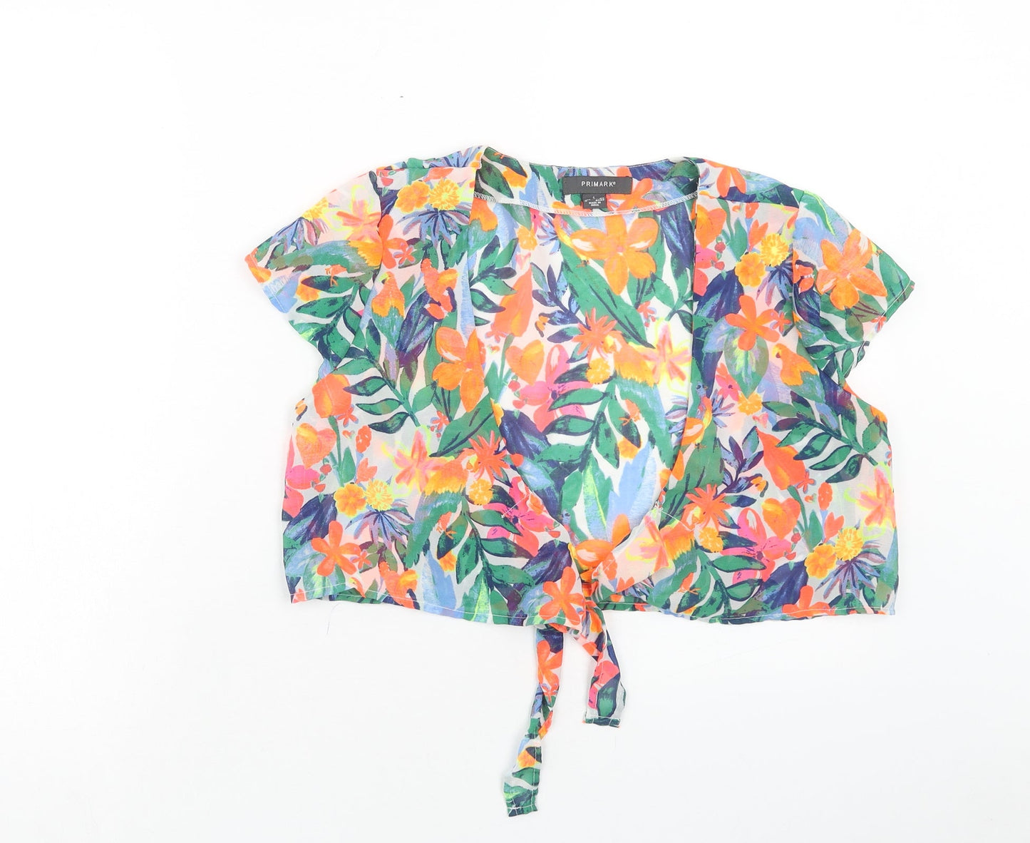 Primark Womens Multicoloured Floral Polyester Cropped Blouse Size S V-Neck - Tie Front