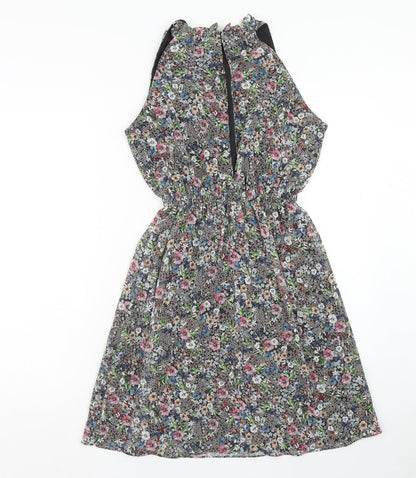 H&M Womens Multicoloured Floral Polyester Fit & Flare Size 10 Round Neck Button