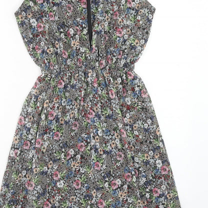 H&M Womens Multicoloured Floral Polyester Fit & Flare Size 10 Round Neck Button