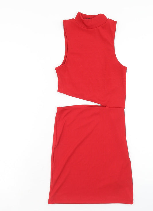 Pull&Bear Womens Red Polyester Bodycon Size S High Neck Pullover - Ribbed Cut Out Detail