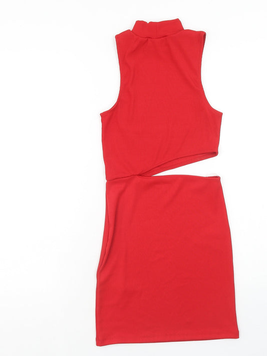 Pull&Bear Womens Red Polyester Bodycon Size S High Neck Pullover - Ribbed Cut Out Detail