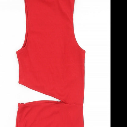 Pull&Bear Womens Red Polyester Bodycon Size S High Neck Pullover - Ribbed Cut Out Detail