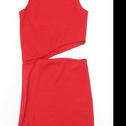 Pull&Bear Womens Red Polyester Bodycon Size S High Neck Pullover - Ribbed Cut Out Detail