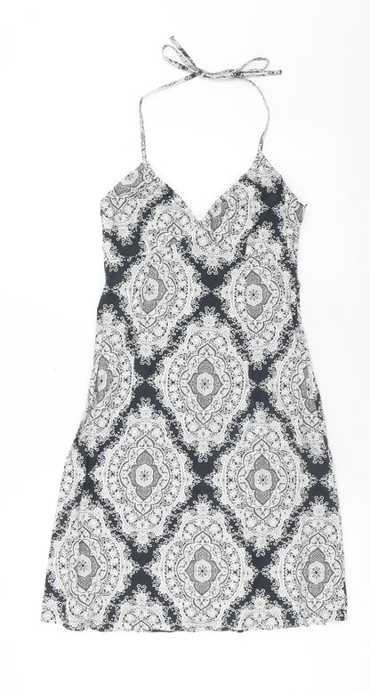 H&M Womens Blue Geometric Cotton A-Line Size 8 Halter Zip