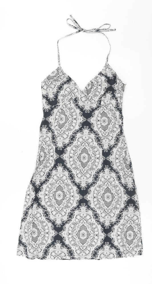 H&M Womens Blue Geometric Cotton A-Line Size 8 Halter Zip
