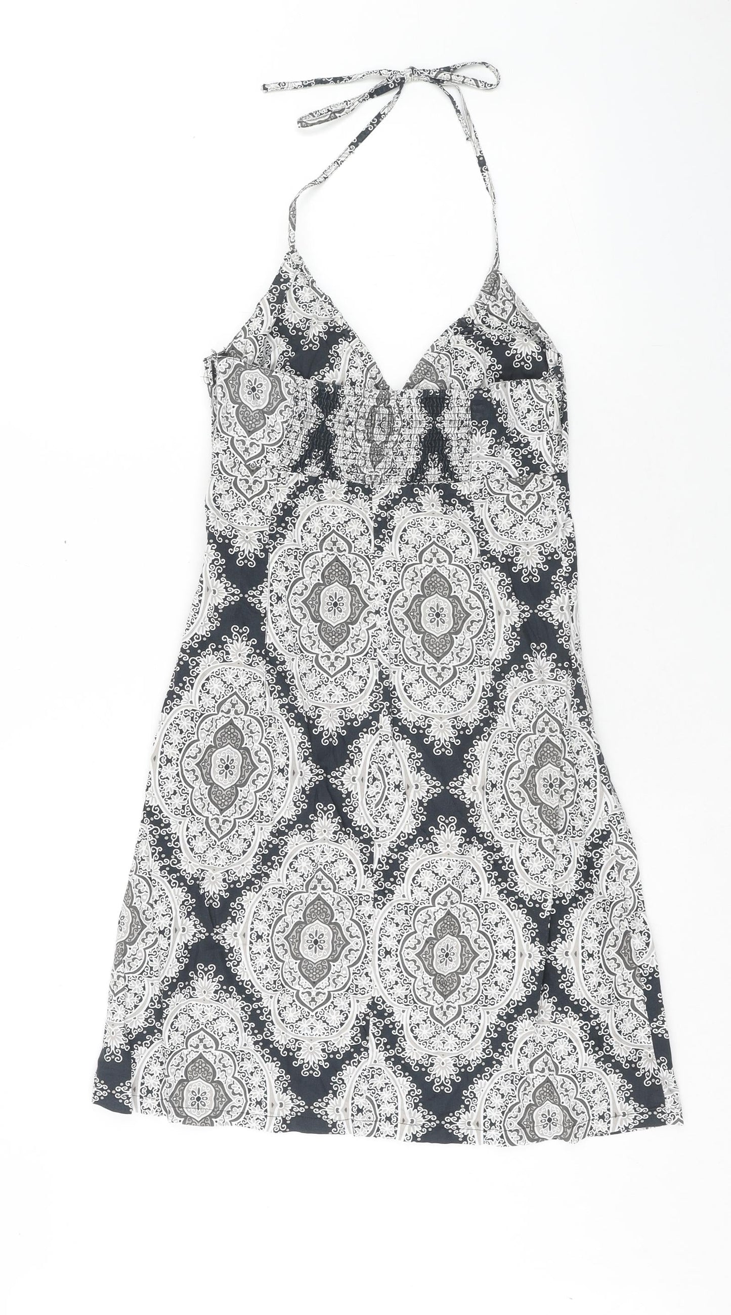 H&M Womens Blue Geometric Cotton A-Line Size 8 Halter Zip