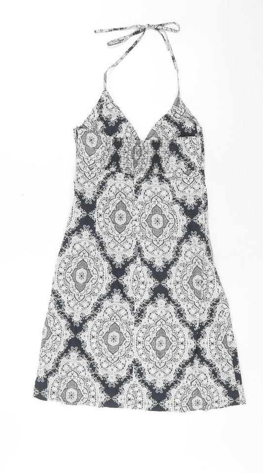 H&M Womens Blue Geometric Cotton A-Line Size 8 Halter Zip