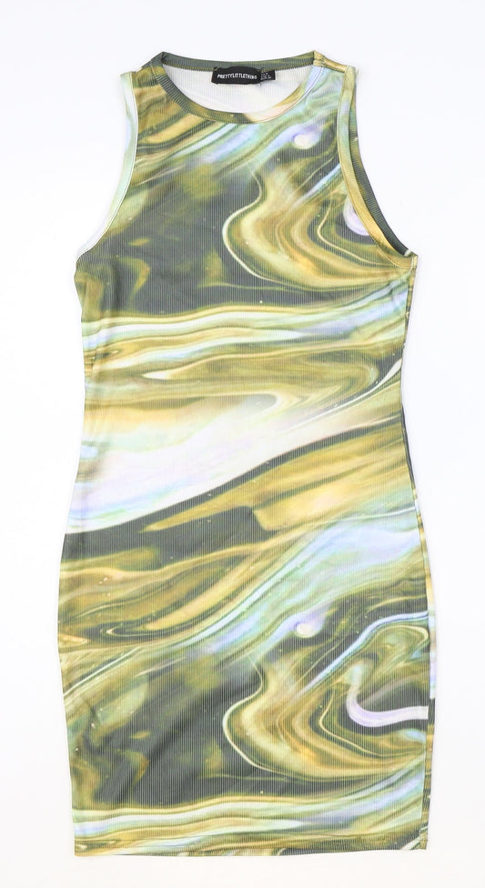 PRETTYLITTLETHING Womens Multicoloured Geometric Polyester Bodycon Size 8 Round Neck