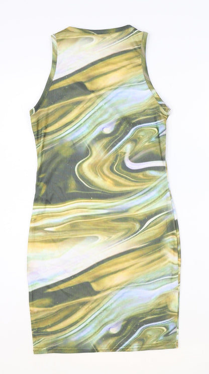 PRETTYLITTLETHING Womens Multicoloured Geometric Polyester Bodycon Size 8 Round Neck