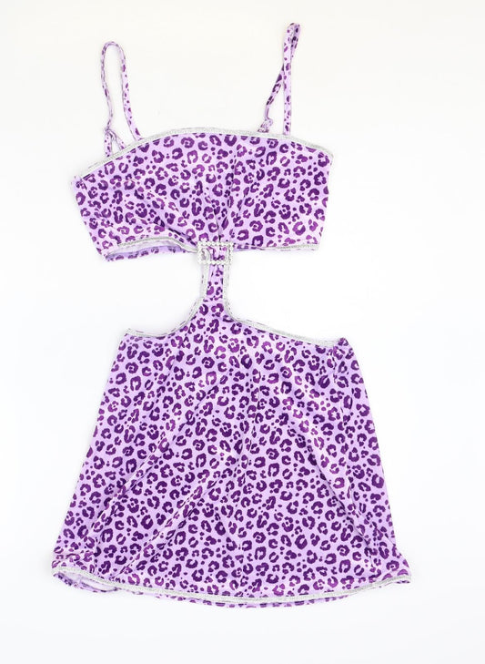 SheIn Womens Purple Animal Print Polyester Mini Size S Square Neck Pullover - Leopard Print