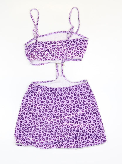 SheIn Womens Purple Animal Print Polyester Mini Size S Square Neck Pullover - Leopard Print