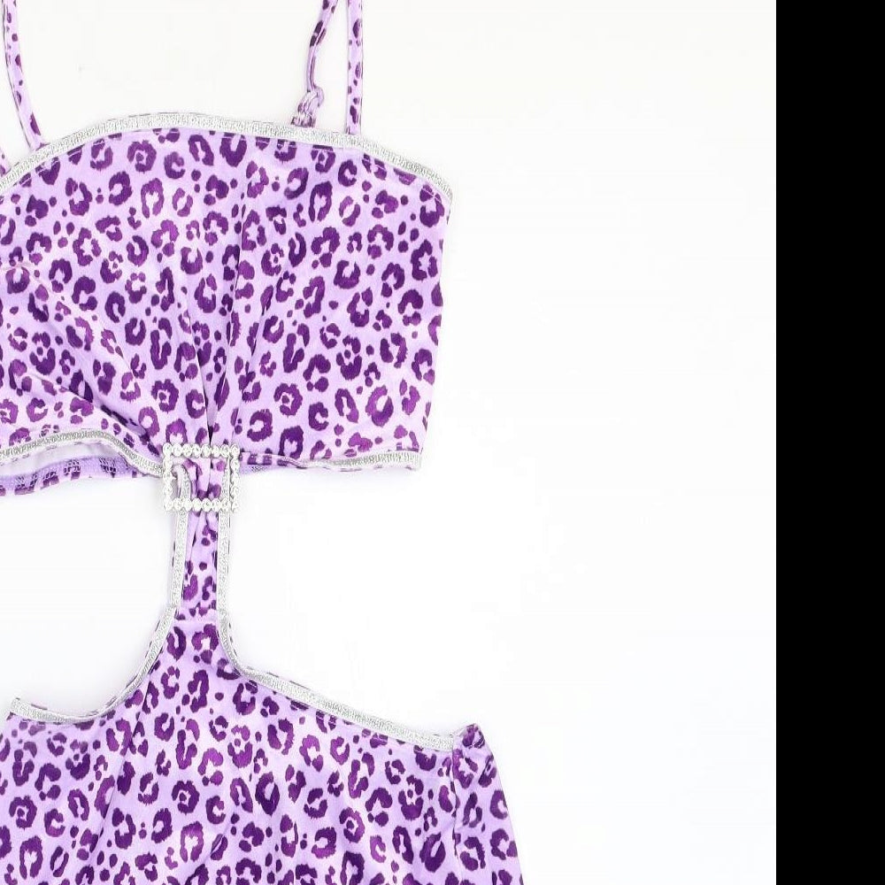 SheIn Womens Purple Animal Print Polyester Mini Size S Square Neck Pullover - Leopard Print