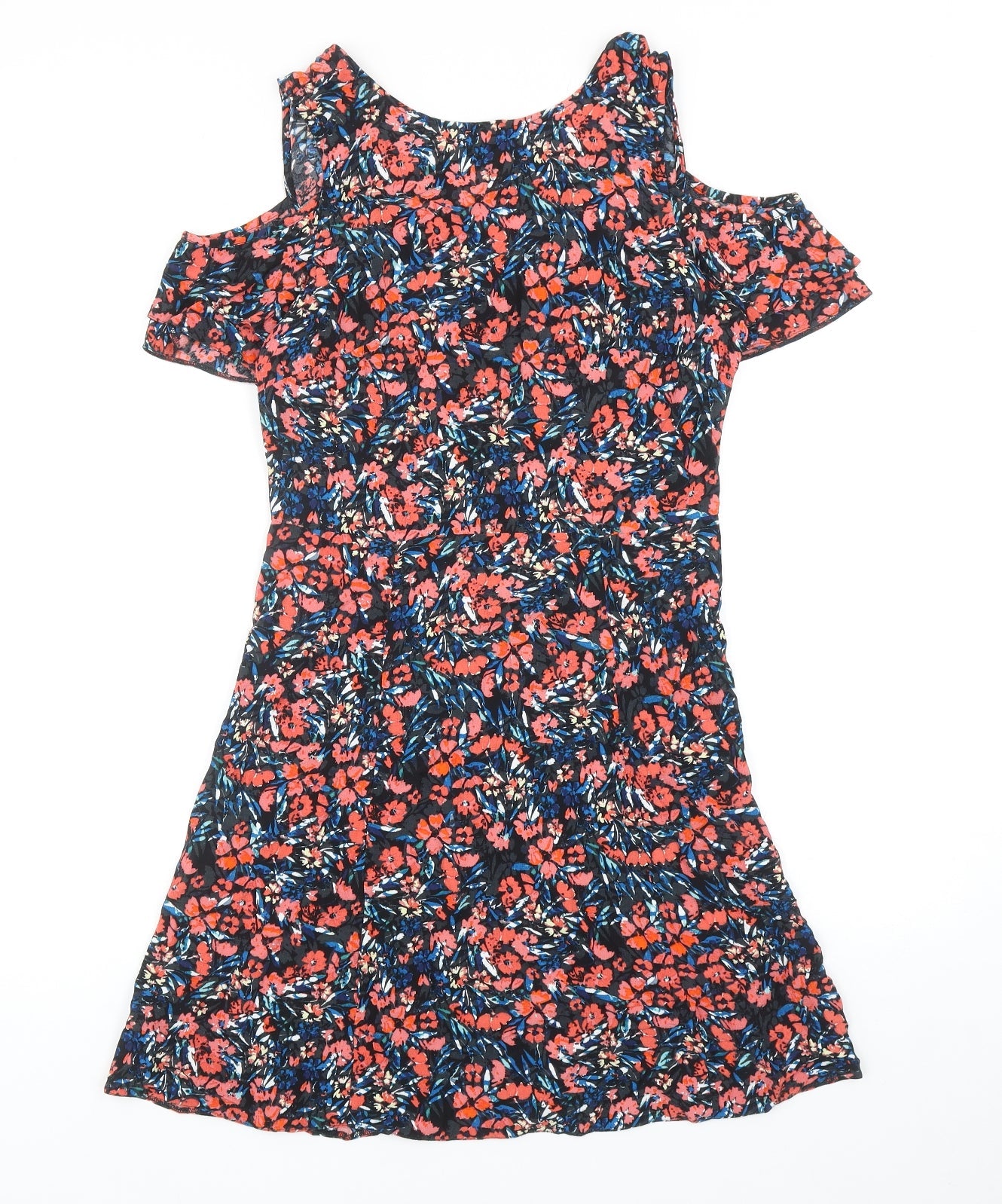 F&F Womens Multicoloured Floral Viscose A-Line Size 10 Roll Neck Zip - Cold Shoulder