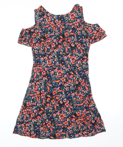 F&F Womens Multicoloured Floral Viscose A-Line Size 10 Roll Neck Zip - Cold Shoulder