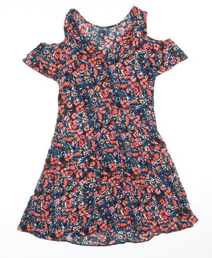 F&F Womens Multicoloured Floral Viscose A-Line Size 10 Roll Neck Zip - Cold Shoulder