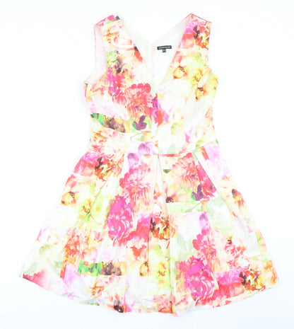 Warehouse Womens Multicoloured Floral Cotton Fit & Flare Size 12 V-Neck Zip