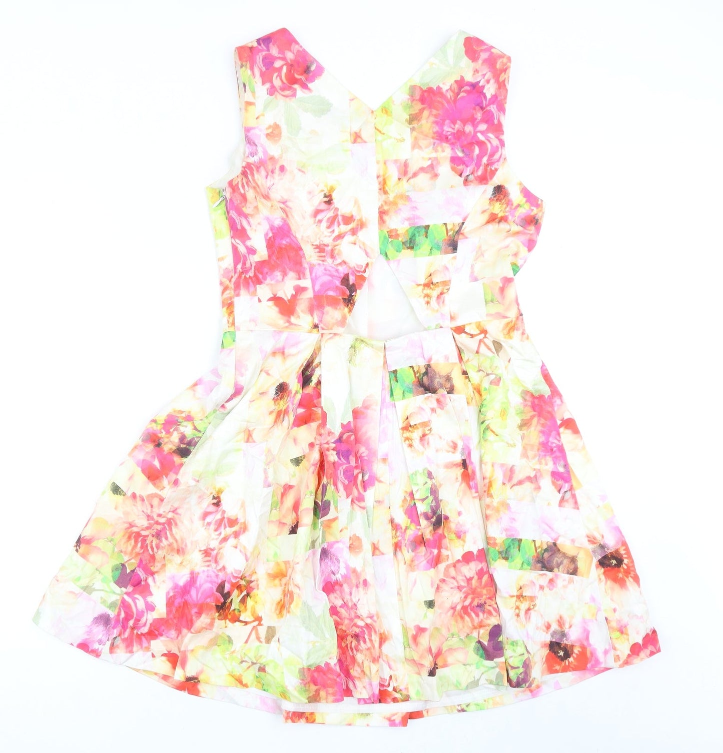 Warehouse Womens Multicoloured Floral Cotton Fit & Flare Size 12 V-Neck Zip