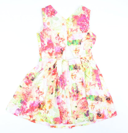 Warehouse Womens Multicoloured Floral Cotton Fit & Flare Size 12 V-Neck Zip