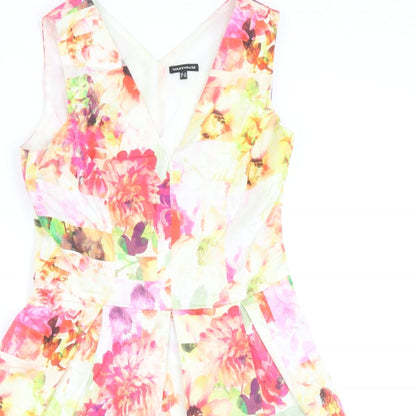 Warehouse Womens Multicoloured Floral Cotton Fit & Flare Size 12 V-Neck Zip