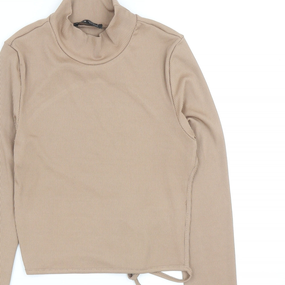 SheIn Womens Brown Polyester Basic T-Shirt Size S High Neck - Ribbed