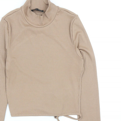 SheIn Womens Brown Polyester Basic T-Shirt Size S High Neck - Ribbed