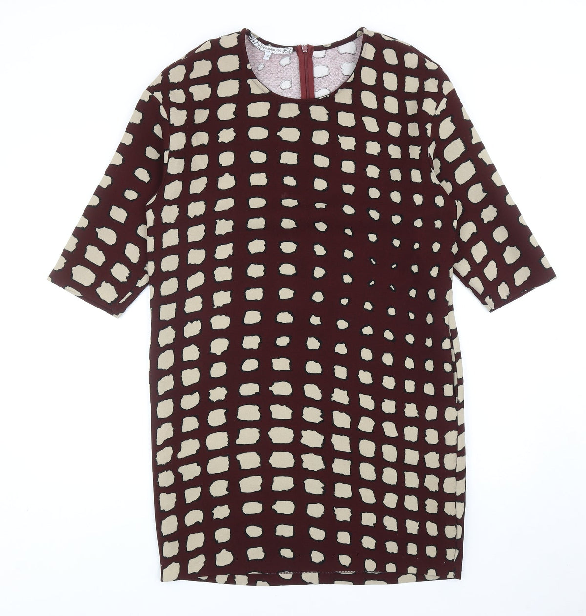 Front view of La Fee Maraboutee women’s red geometric polyester a-line, size UK 10, round neck zip