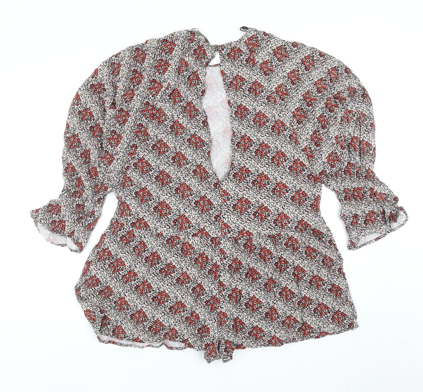 Zara Womens Red Geometric Viscose Playsuit One-Piece Size L Button