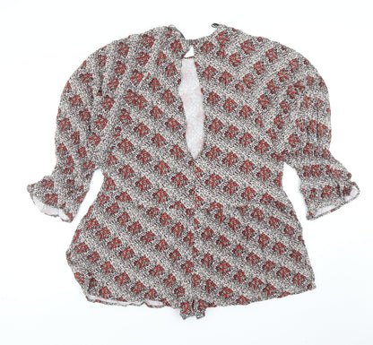 Zara Womens Red Geometric Viscose Playsuit One-Piece Size L Button