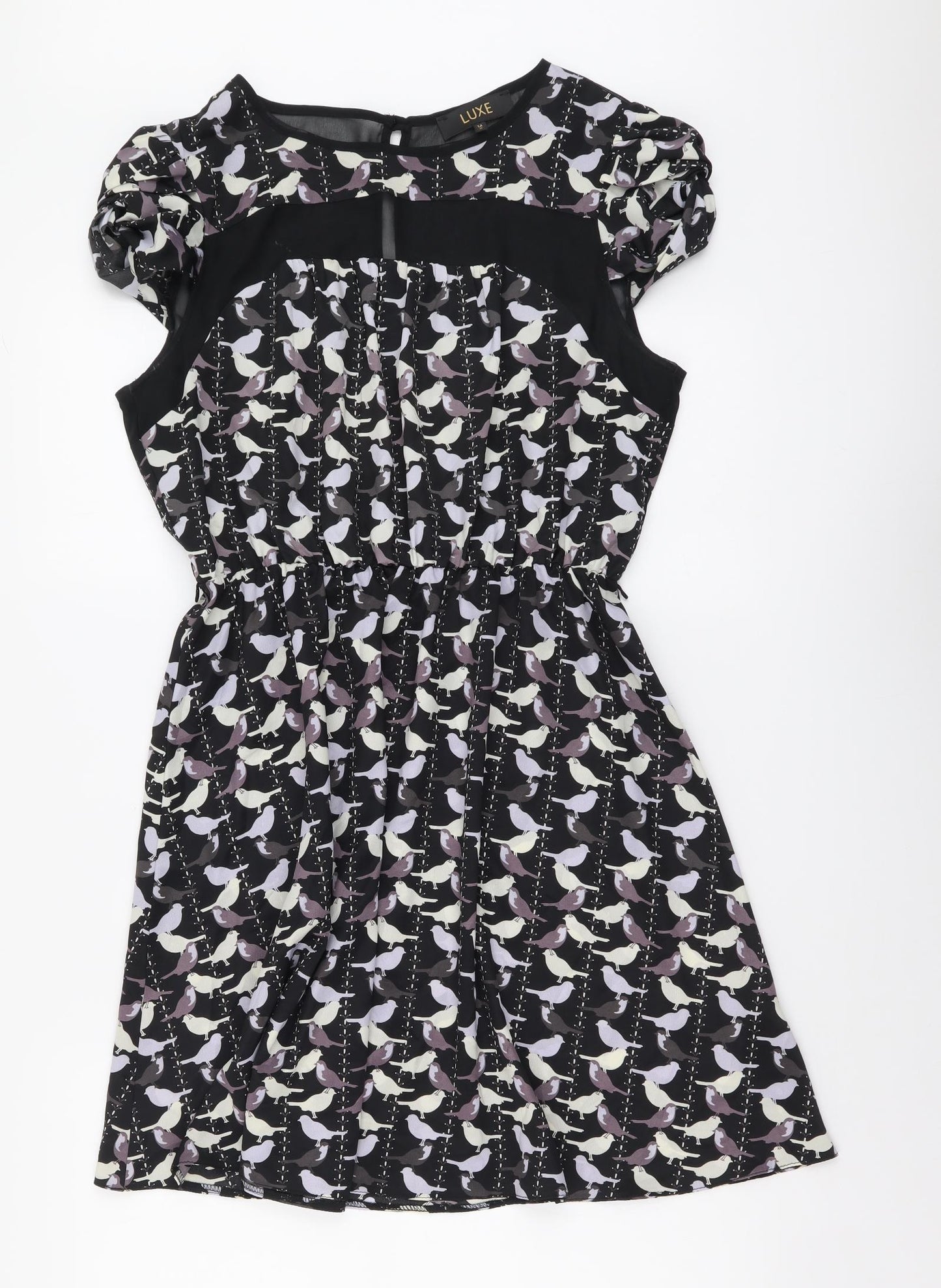 Luxe Womens Black Geometric Polyester Fit & Flare Size 14 Round Neck Button - Bird Pattern