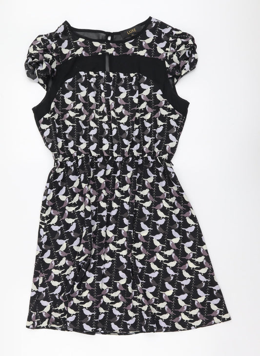 Luxe Womens Black Geometric Polyester Fit & Flare Size 14 Round Neck Button - Bird Pattern