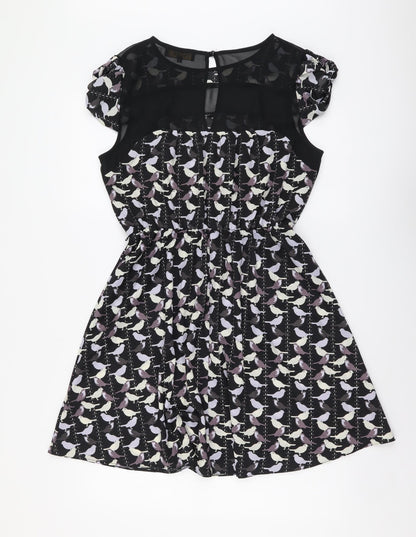 Luxe Womens Black Geometric Polyester Fit & Flare Size 14 Round Neck Button - Bird Pattern