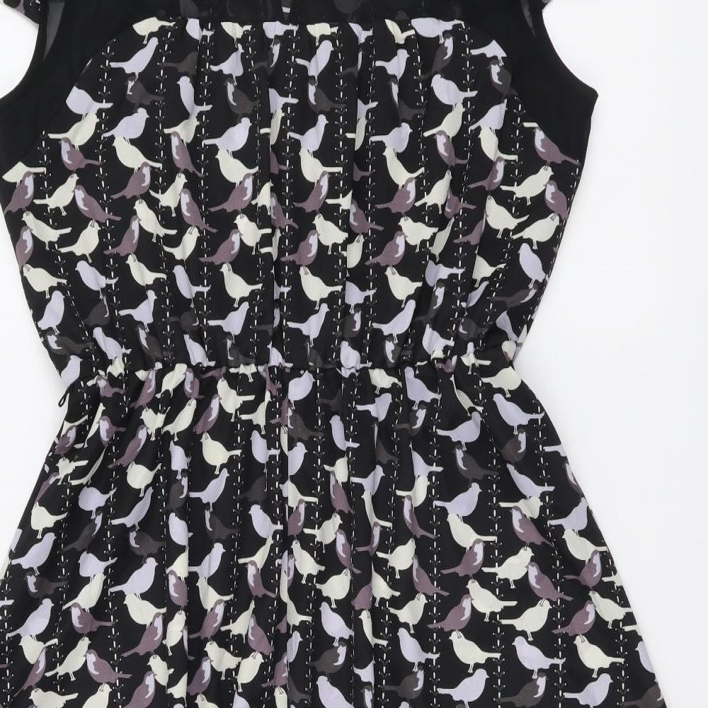 Luxe Womens Black Geometric Polyester Fit & Flare Size 14 Round Neck Button - Bird Pattern