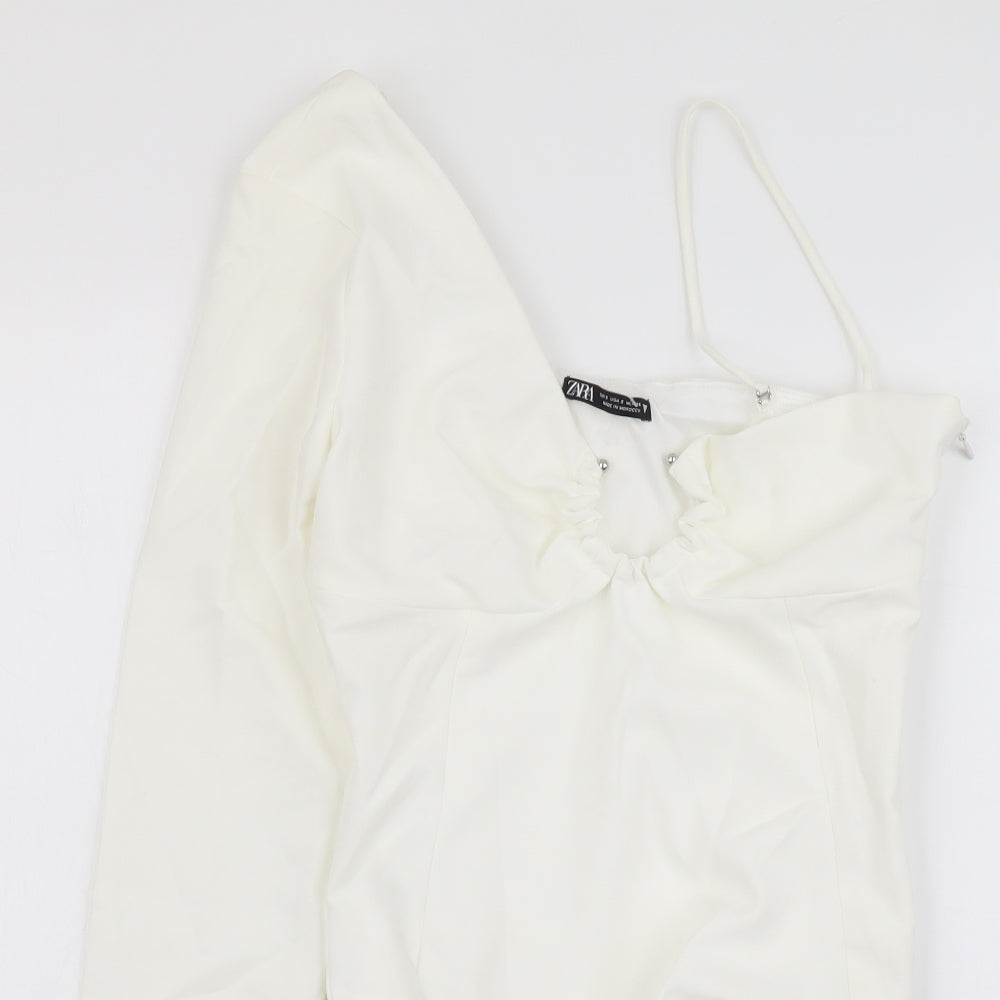 Zara Womens Ivory Polyester Bodysuit One-Piece Size S Snap