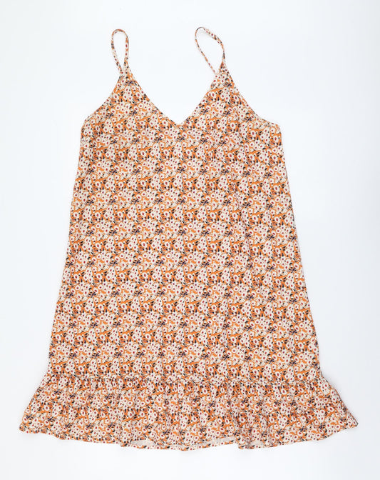 SheIn Womens Orange Floral Polyester Slip Dress Size M V-Neck Pullover
